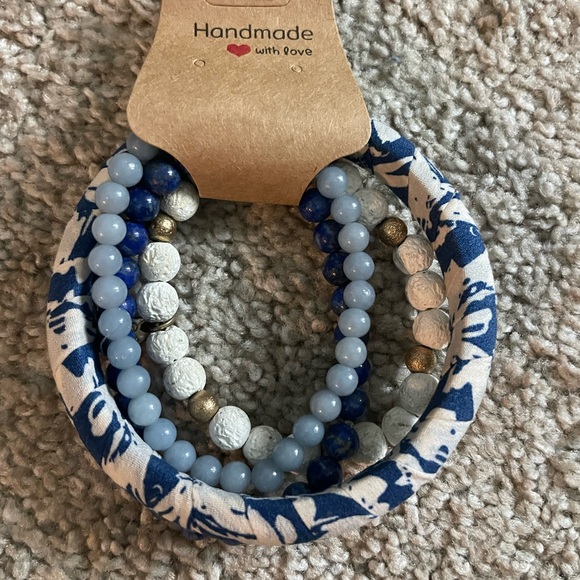 Blue and White Patterned Bangle with Beaded Bracelets - Picture 7 of 7